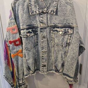BiBi Acid Wash Denim Jacket with Multicolor Fringe